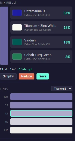 Farbmischungs-Ergebnis mit ΔE-Wert